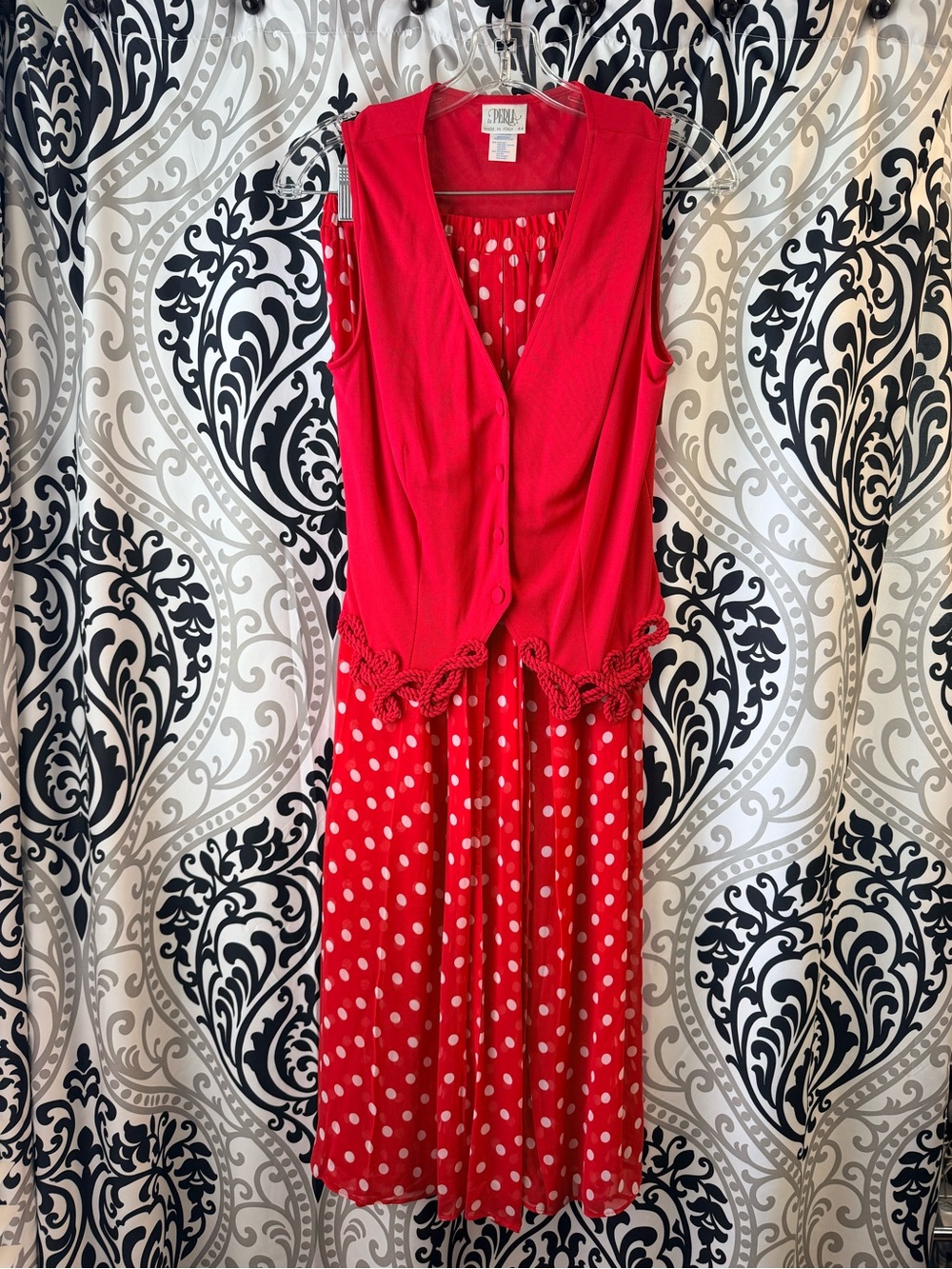 La Perla Red Polka Dot Sheer Pants with Rope Crochet-Trim Vest